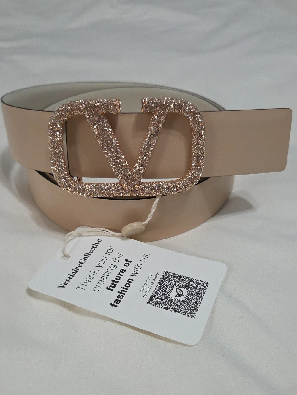 Valentino Garavani Cream White Belt with Rose Gold Sparkle Buckle